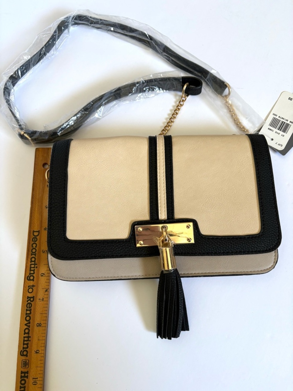 Sears Beige, grey, black, Chain Tassel Crossbody bag, 9 inches by 6 inches. NWT. - Picture 14 of 15